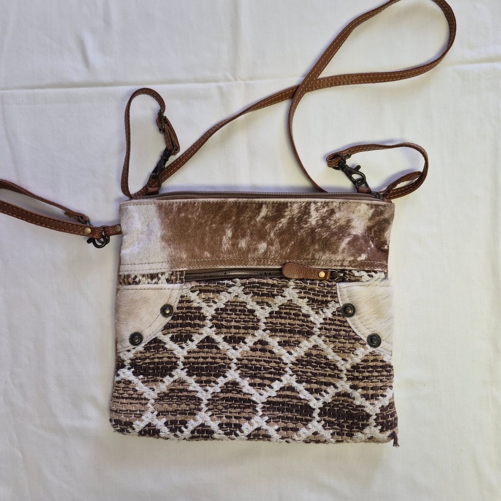 Myra Bag Cowhide‎ Leather Woven Crossbody Bag Boho One of  Kind